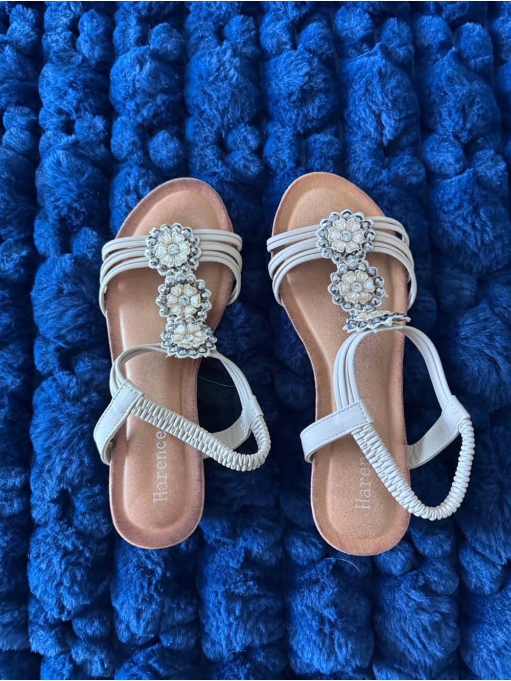 Women's Ivory Jeweled T-Strap Sandals with Elastic Back
